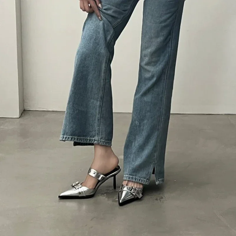 Punk Goth Metal Buckle High Heels Women's Sandals Summer  Pointed Toe Silver Party Shoes Fashion Womens Pumps Shoes Tacones 4