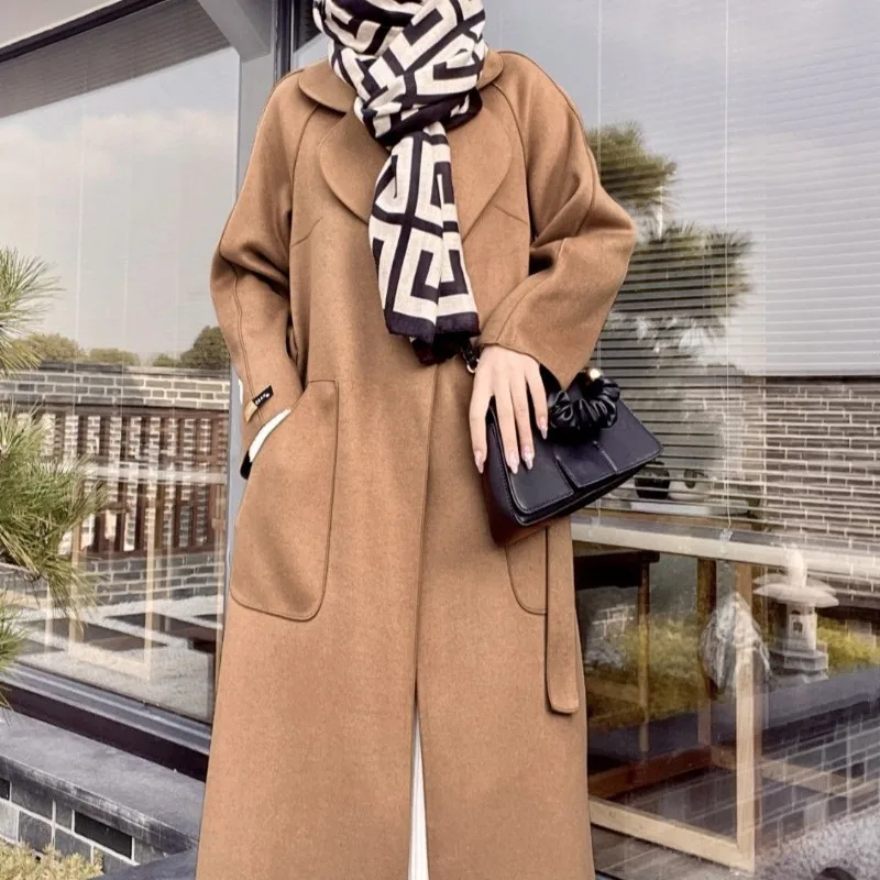 2023 Autumn Winter New Women Reversible Cashmere Coat Female Long Below The Knee Temperament Casual Slim Fit Woolen Outwear