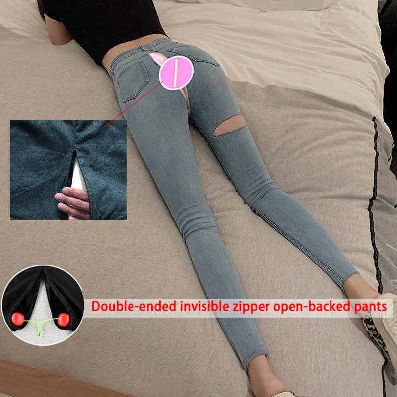 

INS Ripped High Waist Skinny Pants Invisible Open Crotch Jeans for Women 2023 Summer Slim Fit Slimming Pencil Ankle-Length Pants