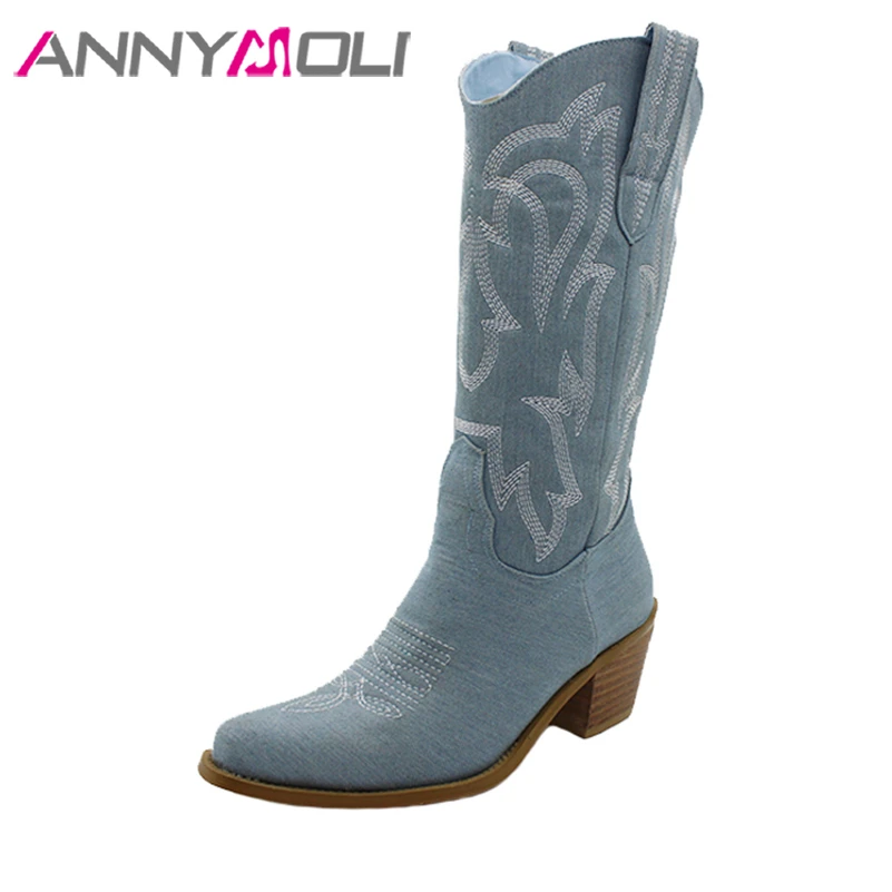 

ANNYMOLI Women Mid Calf Cowgirl Boots Square Toe Thick Mid Heels Embroidery Western Cowboy Boots Ladies Fashion Shoes Winter 44