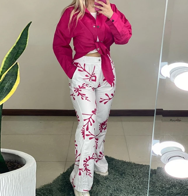 Casual Long Sleeved Lapel Shirt, Printed High Waisted Pocket, Casual Set, Latest Fashion Hot Selling Women's Clothing, Fresh