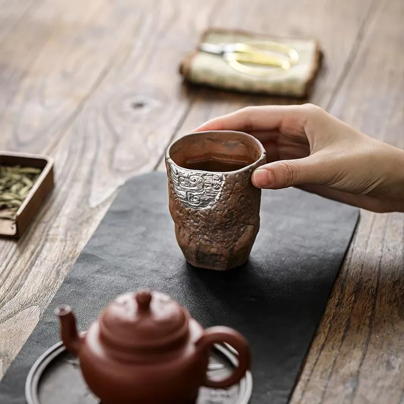 Pure Handmade Coarse Pottery Tea Cup Old Rock Mud Silver Teacup Household Ceramic Kung Fu Tea Set Master Cup Mug
