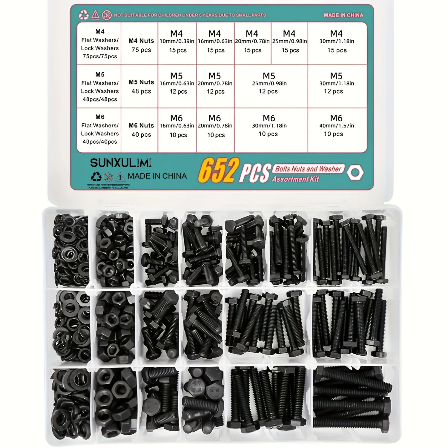 163 Set M4 M5 M6 Heavy Duty Bolts and Nuts Assortment Kit Alloy Steel Grade 8.8 Includes 13 Most Common Sizes