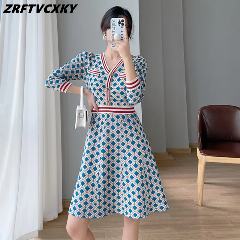 Autumn New Vintage Plaid Knitted Sweater Dresses For Women Elegant V