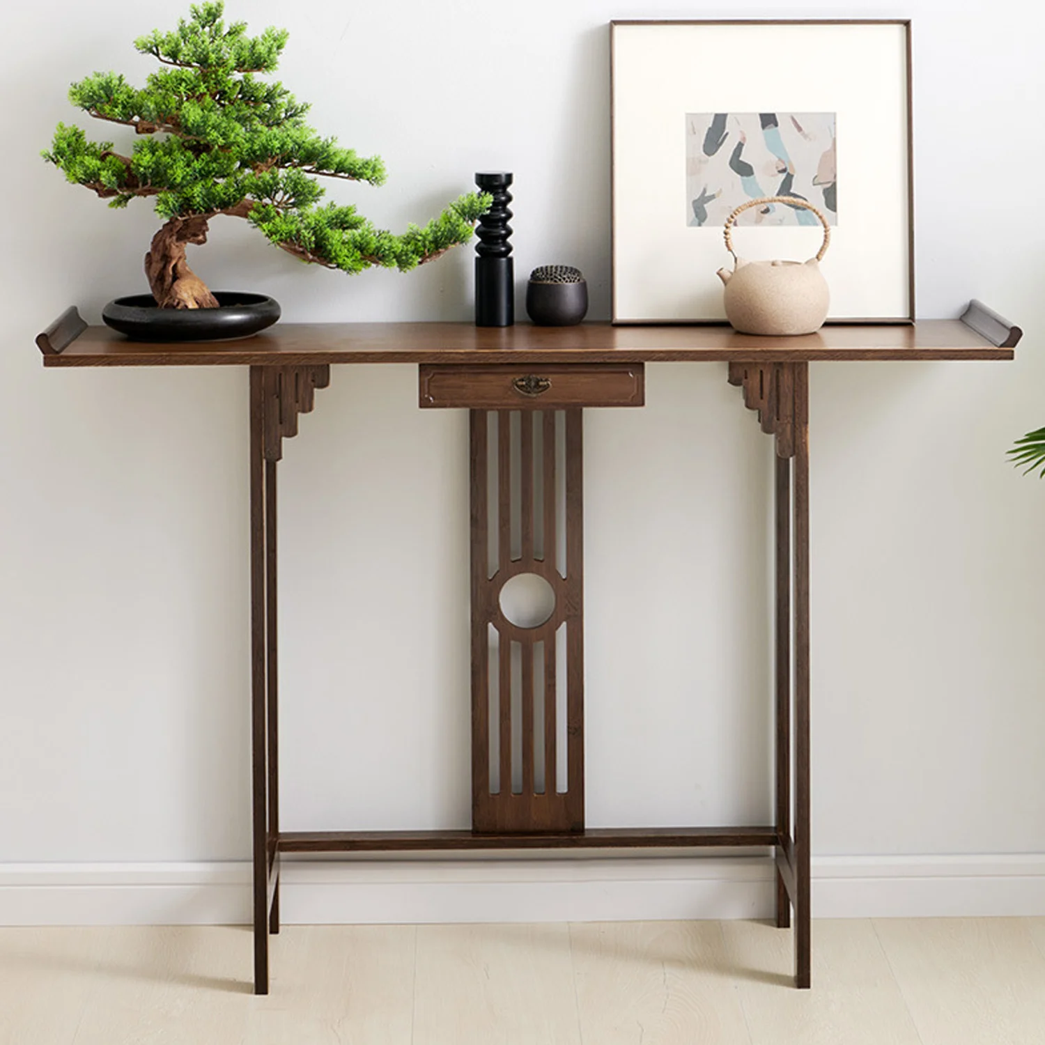 

32" Console Table Rustic Sofa Table Accent Entryway Table For Living Room Hallway Chinese Style Bamboo Entrance Table