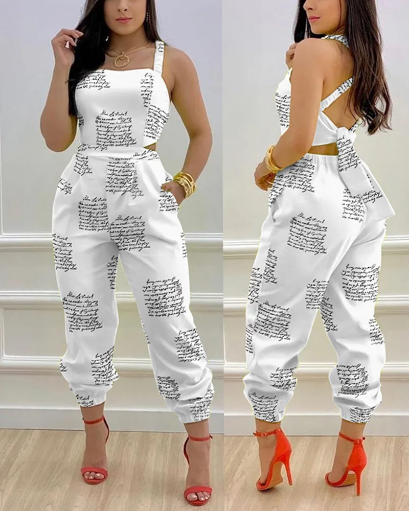 Women's Jumpsuit Elegant Square Neck Sleeveless Hollowed-Out Backless Printed Jumpsuits Suspenders High Waist Overalls for Women