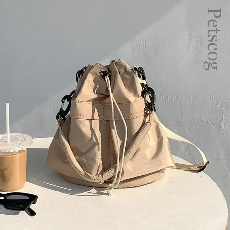 Fashion bucket bag Women's nylon cloth bag Lightweight casual drawstring bucket  bag Thick rope One shoulder crossbody bag