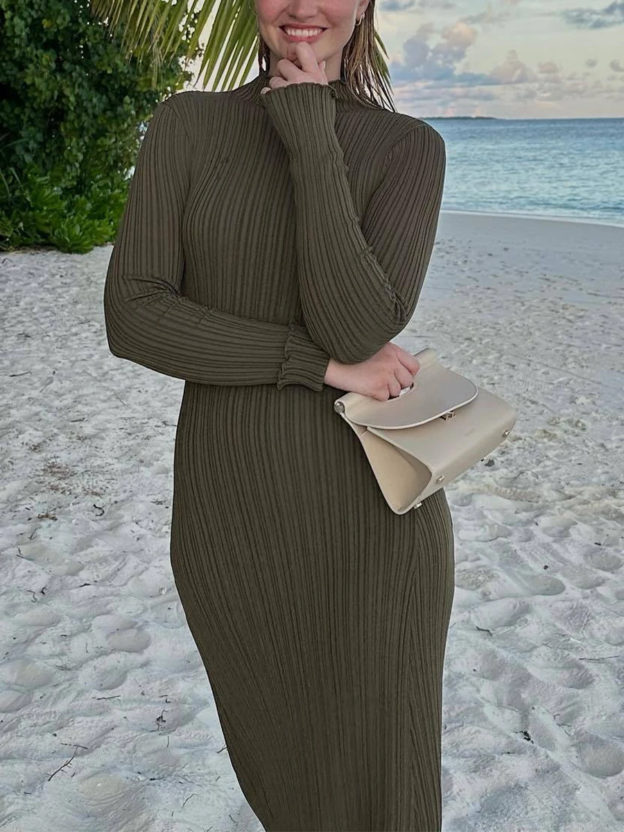 

wsevypo Simple Style Fall Bodycon Long Dress Women's Casual Long Sleeve High Neck Wrap Ribbed Pencil Dress Party Streetwear