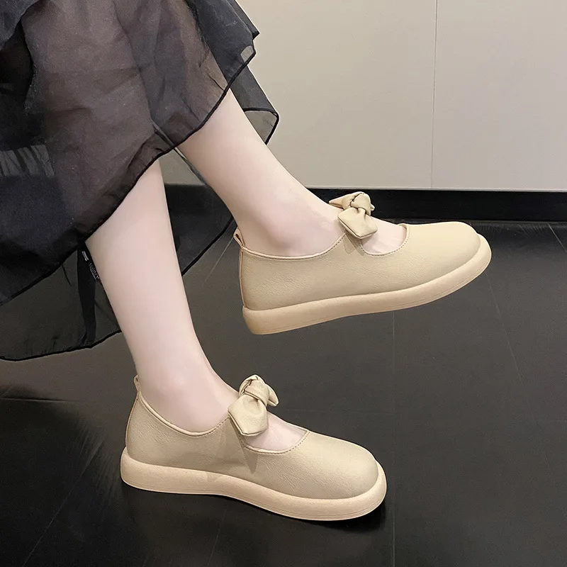 Mary Jane Shoes Women's  Summer New French Niche Design with A Soft Sole Round Toe Bow and Shallow Cut Single Shoe