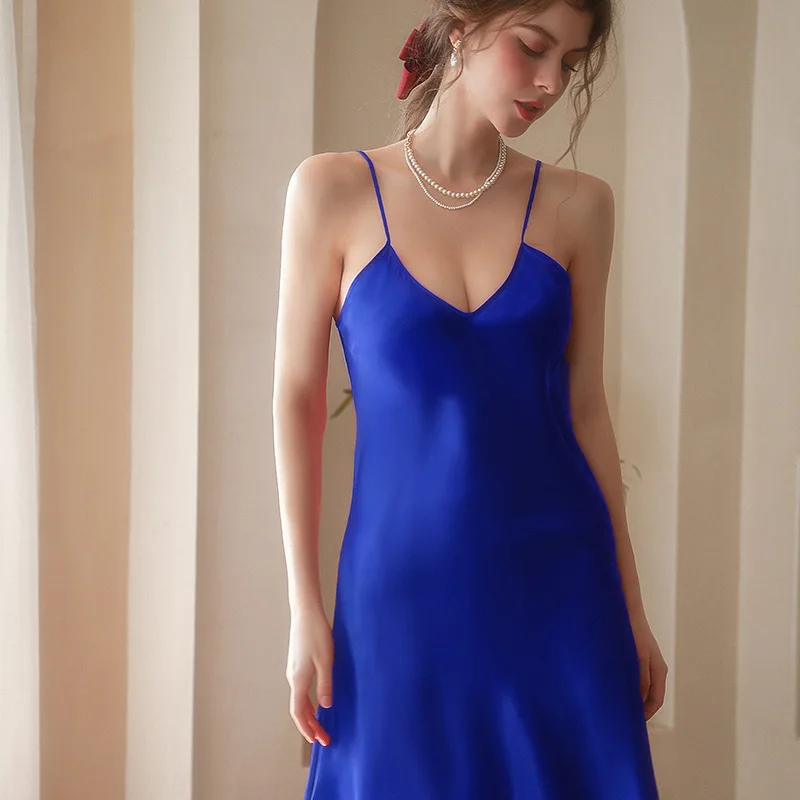 Women Nightgowns Women Nightdresses Sleeping Dress Women's V-Neck Nightgown Solid Silk Satin Lingerie Sleeveless Sleepwear Home Clothes