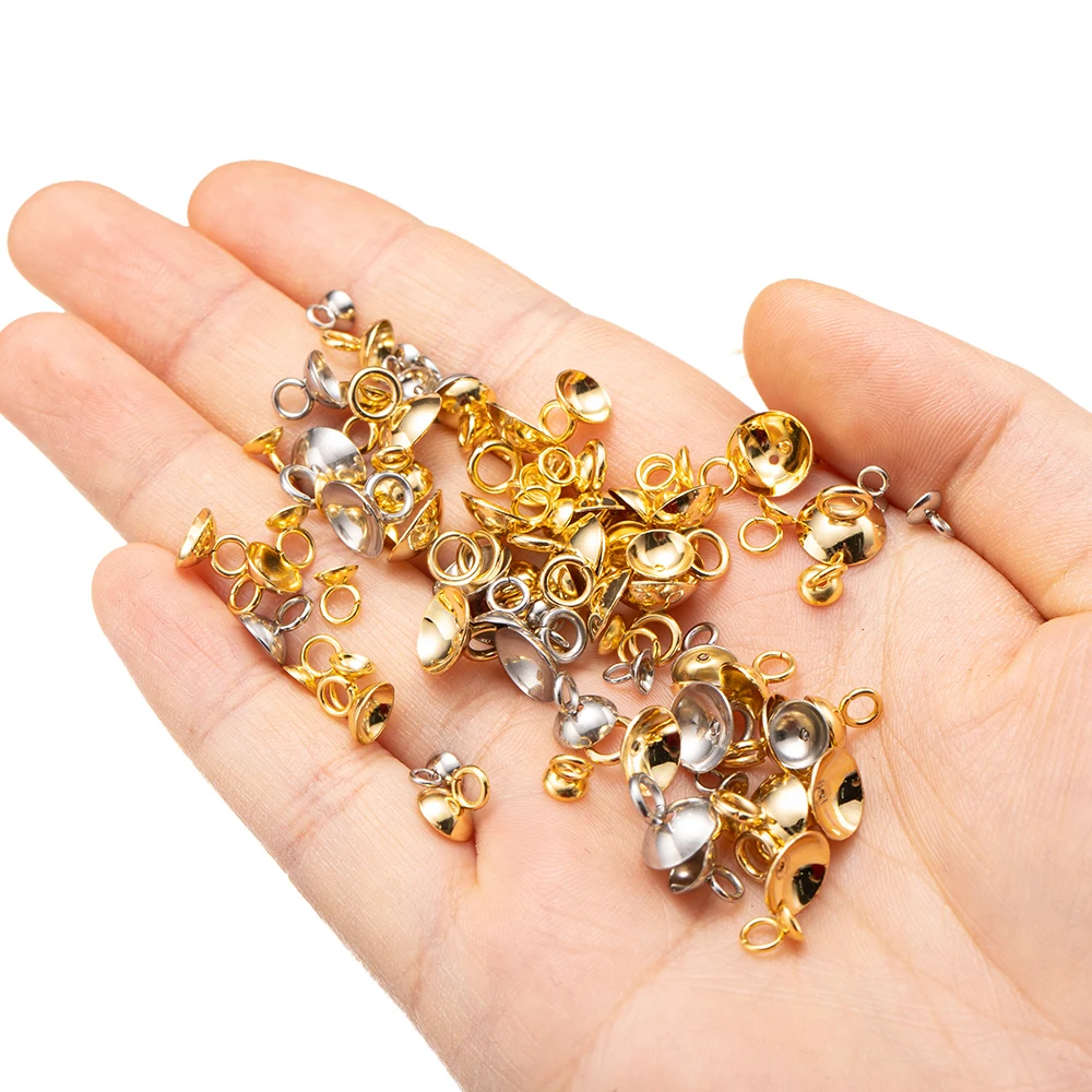 50 Stück Edelstahl-Perlenkappen-Anhänger, Kautionen, Verschluss, baumelnder Charm-Anhänger, Verbinder für Schmuckherstellung, Zubehör, DIY-Zubehör – Detail 4