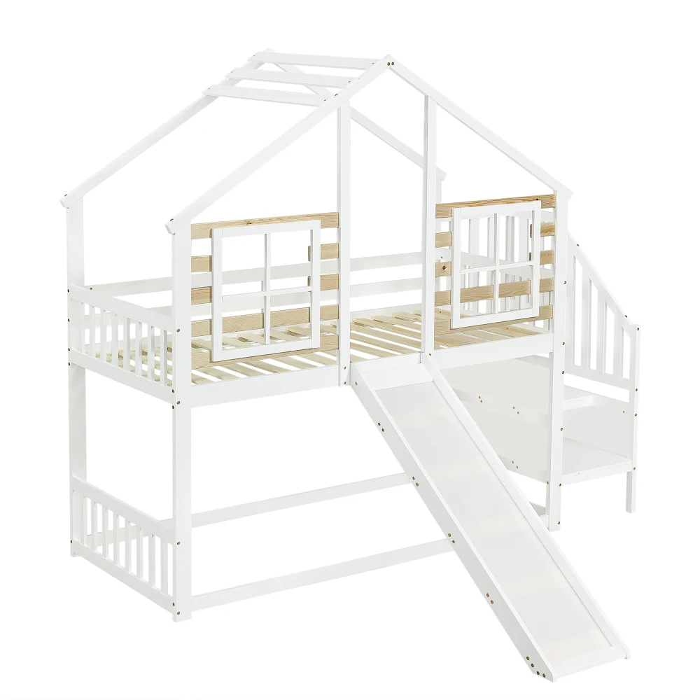 PINGGO Weißes Holz-Etagenbett 90x200cm mit Treppe, Rutsche, Fenster, Blockhaus-Design, Absturzsicherung, Massivholzrahmen, ohne Matratze – Detail 14
