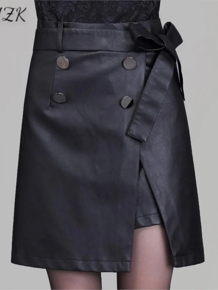 Новая Сексуальная короткая юбка ZUZK из искусственной кожи с поясом, Осень-зима, черная Элегантная короткая обтягивающая юбка, юбка-ботинок