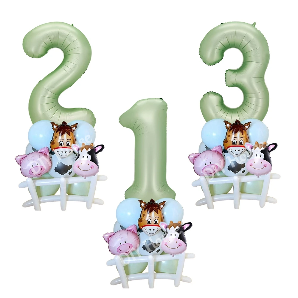 23pcs 농장 동물 풍선 카톤 암소/돼지 풍선 타워 어린이를위한 녹색 번호 풍선..