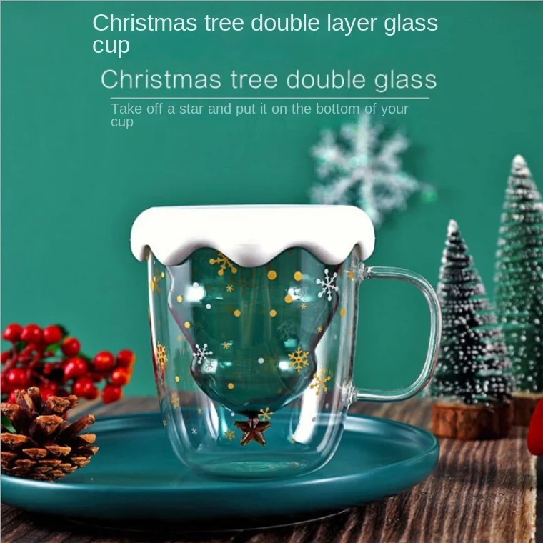 

Creative Christmas Tree Glass, Star Wish Heat-resistant Double Layer Cup Breakfast Gift Milk Cup Mark Wish Cup Mug Coffee Mug