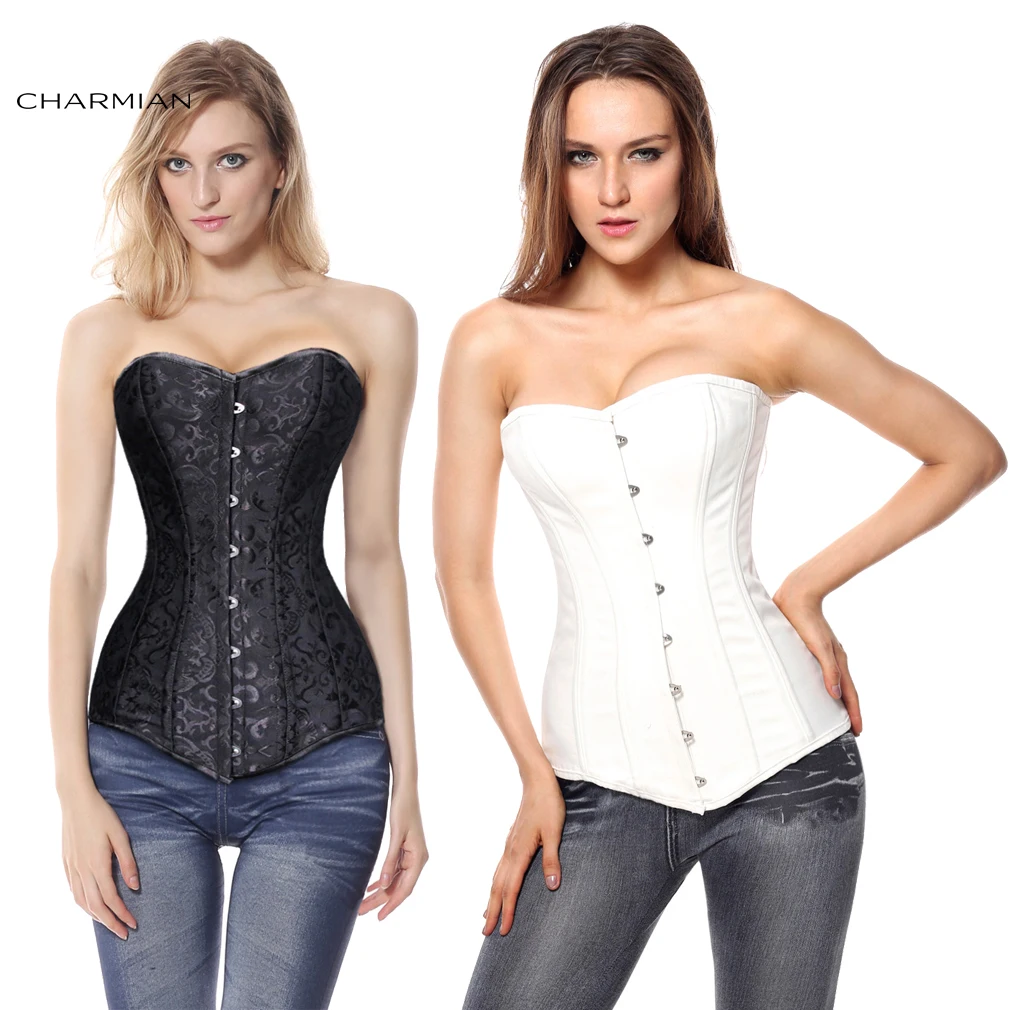 Charmian Black Corset For Women Sexy 26 Steel Boned Long Torso Plus Size Brocade Hourglass Shapewear White Corset Waist Trainer
