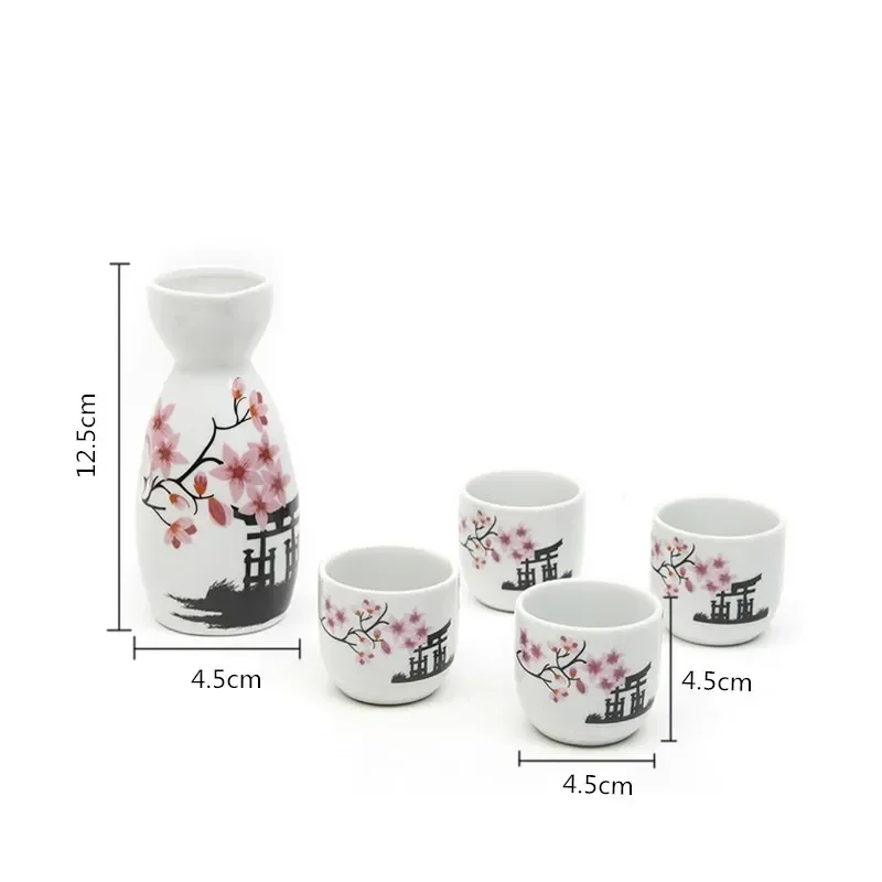 5pcs/set Ceramic Sake Pot Cups Set Flagon Liquor Cup Spirits Cups Set Japanese Bar Wine Flower Text Pattern