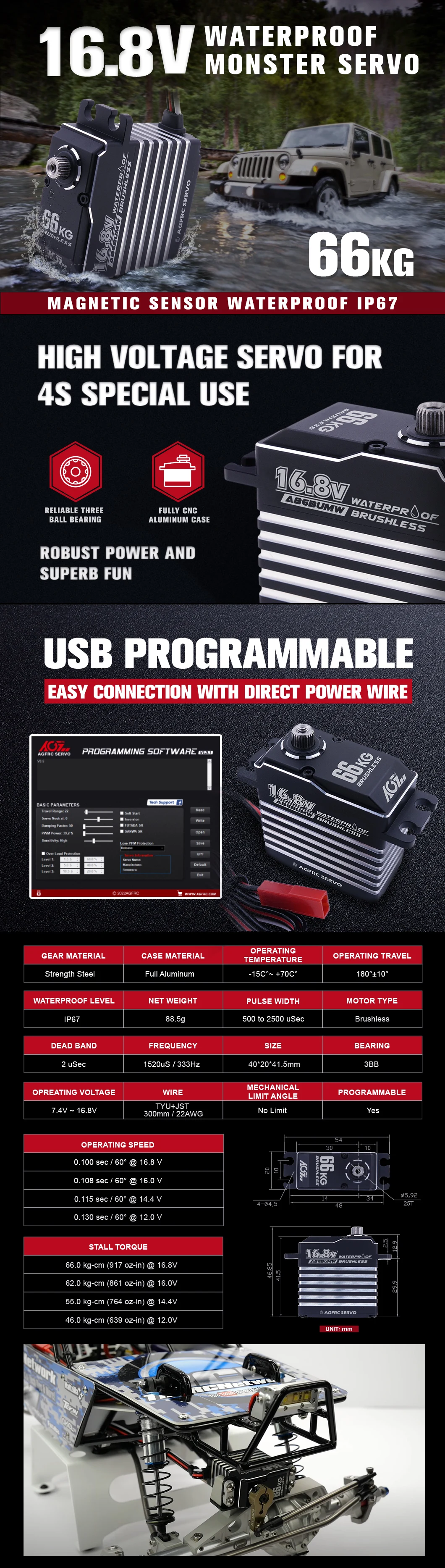Agfrc wasserdicht a86bumw metall getriebe 4s lipo 16,8 v 66kg bürstenloses digitales Lenk servo mit hohem Drehmoment für rc crawler autos truggy – Detail 1