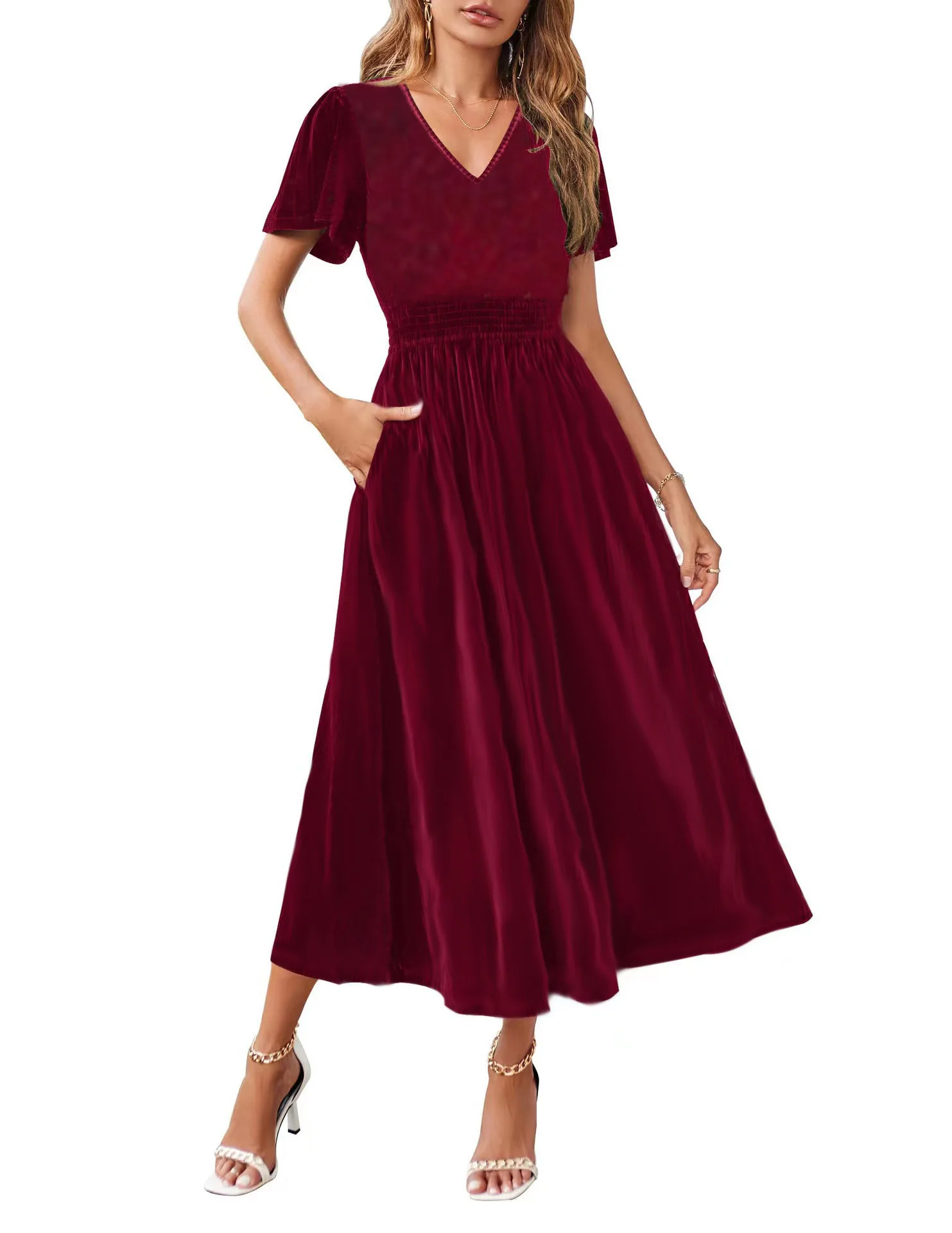 

Dress for Women Summer Fashion Solid Color New V-Neck Short Sleeve Swing Casual Long Dresses