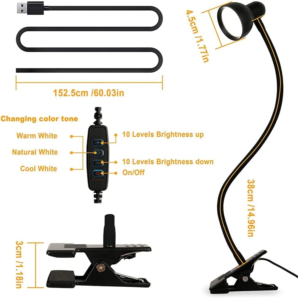 LED Desk Lamp Clip Reading Light Adjustable Brightness Book Light Room Book Lamp Study Read Lamp Flexsible Reading Night Light 2