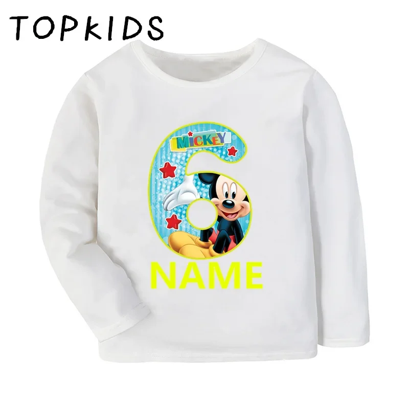 Mickey Mouse Print Boys T shirt 1 2 3 4 5 6 7 8 9 Years Birthday Number Bow Custom Name Kids Long Sleeve T-shirts Girls Clothes 2