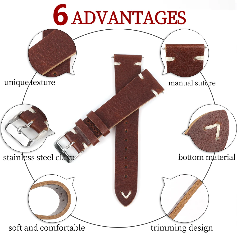 Vintage Cowhide Watch Straps Bracelet 22mm Handmade Oil Wax Genuine Leather Watchbands Quick Release Watch Strap Belt