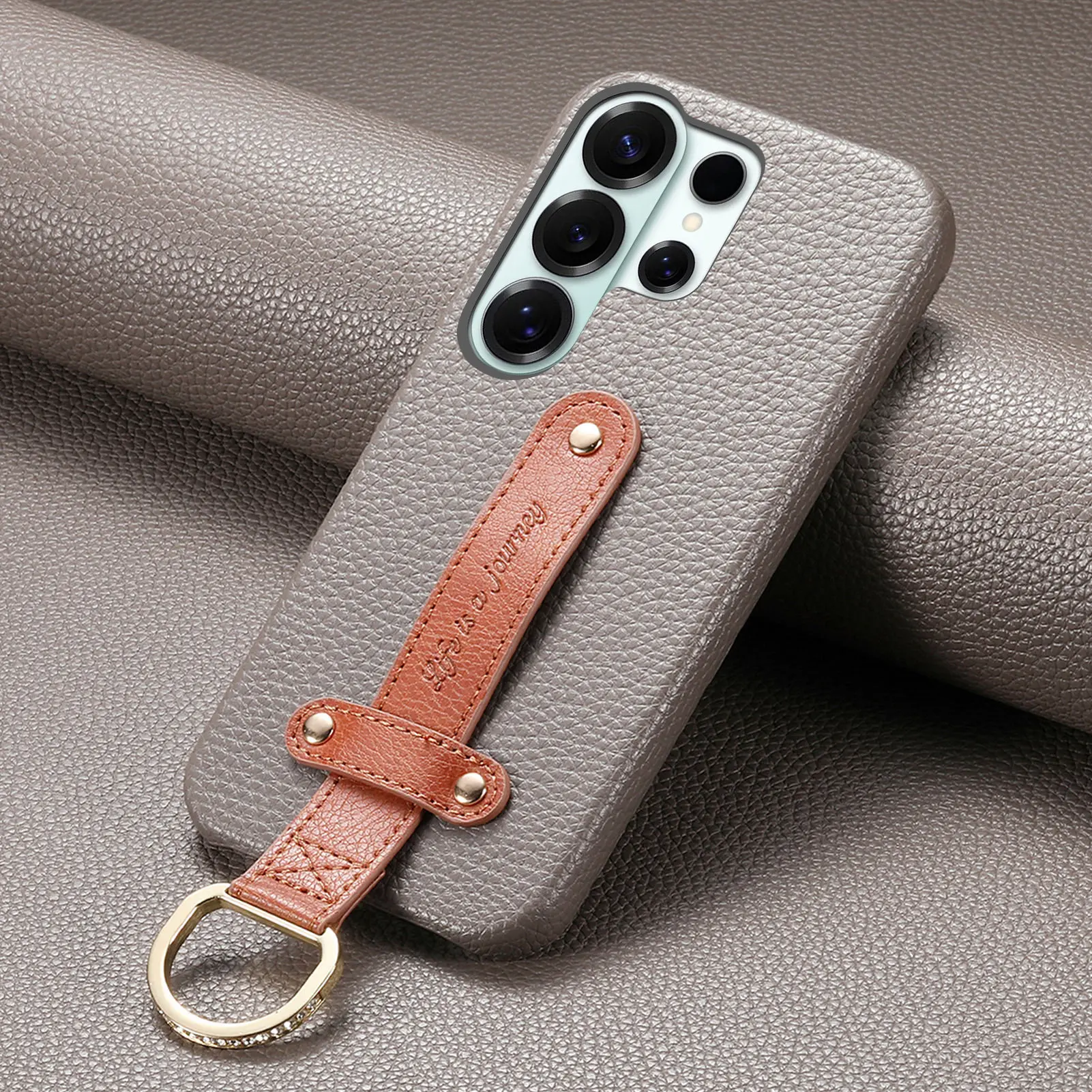 Lychee Textured Leather Wrist Strap Ring Holder Phone Case Cover
