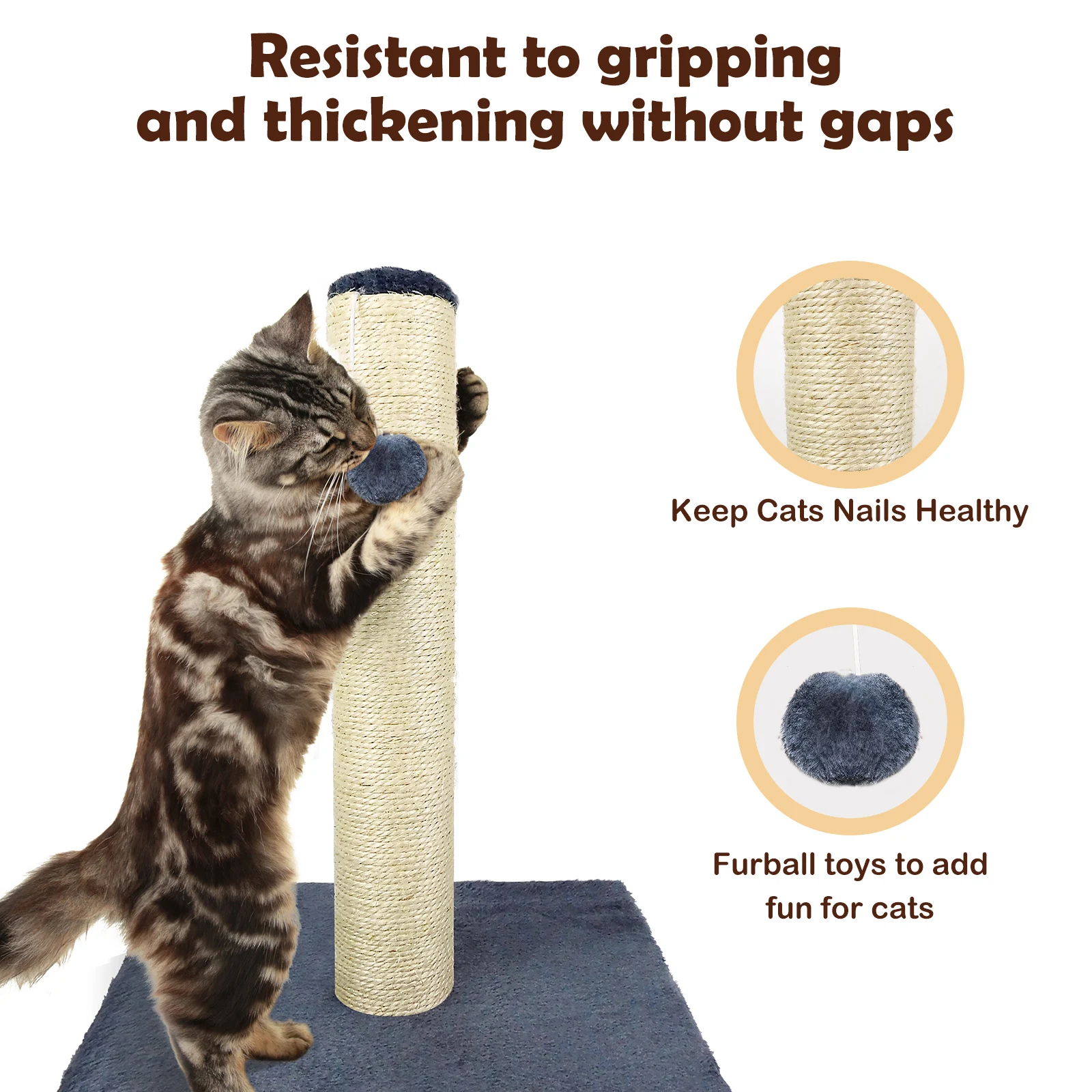 Cat Scratching Post - 40cm Tall with Hanging Ball for Indoor Cats - Sisal Claw Scratcher Tower for Kittens - Pets Toy