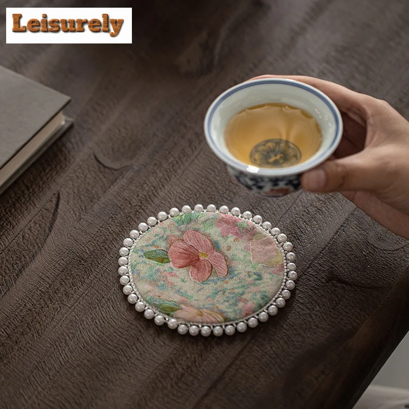 Brocade Flowers Beaded Coasters Antique Hot Pad For Coffee Cups Saucer Heat Insulation Placemats Cup Holder Teaware Accessories