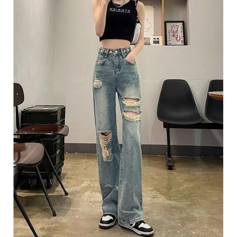 2024 Spring/Summer Vintage Distressed Jeans with Adjustable Oversized High Waisted Slimming Straight Leg Wide Leg Pants