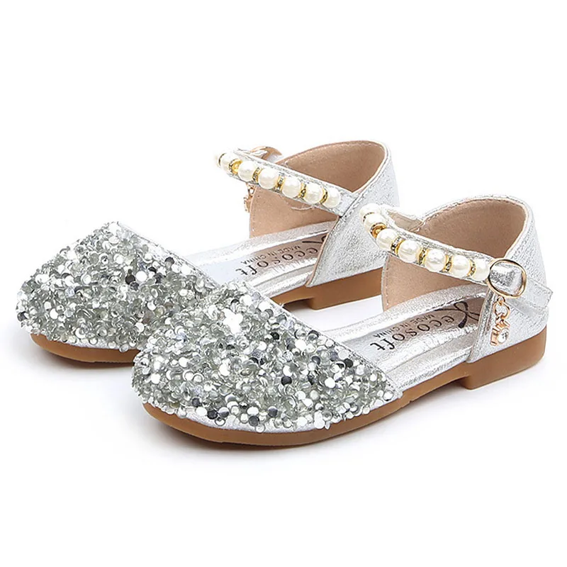 2022 Princess Girls Party Dance Shoes Student Flats Children Pearl Sequin Sandals Kids Performance Grand Event Freeshipping