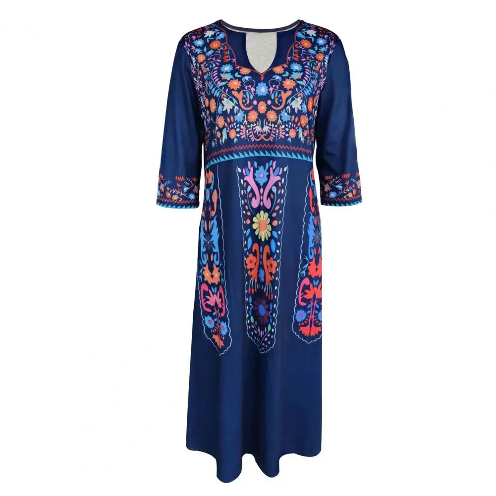 

Women V-neck Printed Dress Relaxed Fit Polyester Dress Bohemian A-line Midi Dress with Retro Ethnic Print V Neck for Women's