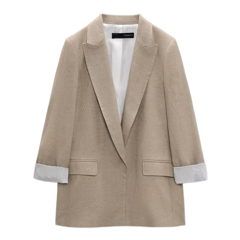 PB&ZA2023 Autumn New Multicolor Fashion Women's Printed Sleeves Curly Linen Button Free Lapel Open Blazer 5