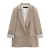 PB&ZA2023 Autumn New Multicolor Fashion Women's Printed Sleeves Curly Linen Button Free Lapel Open Blazer 5