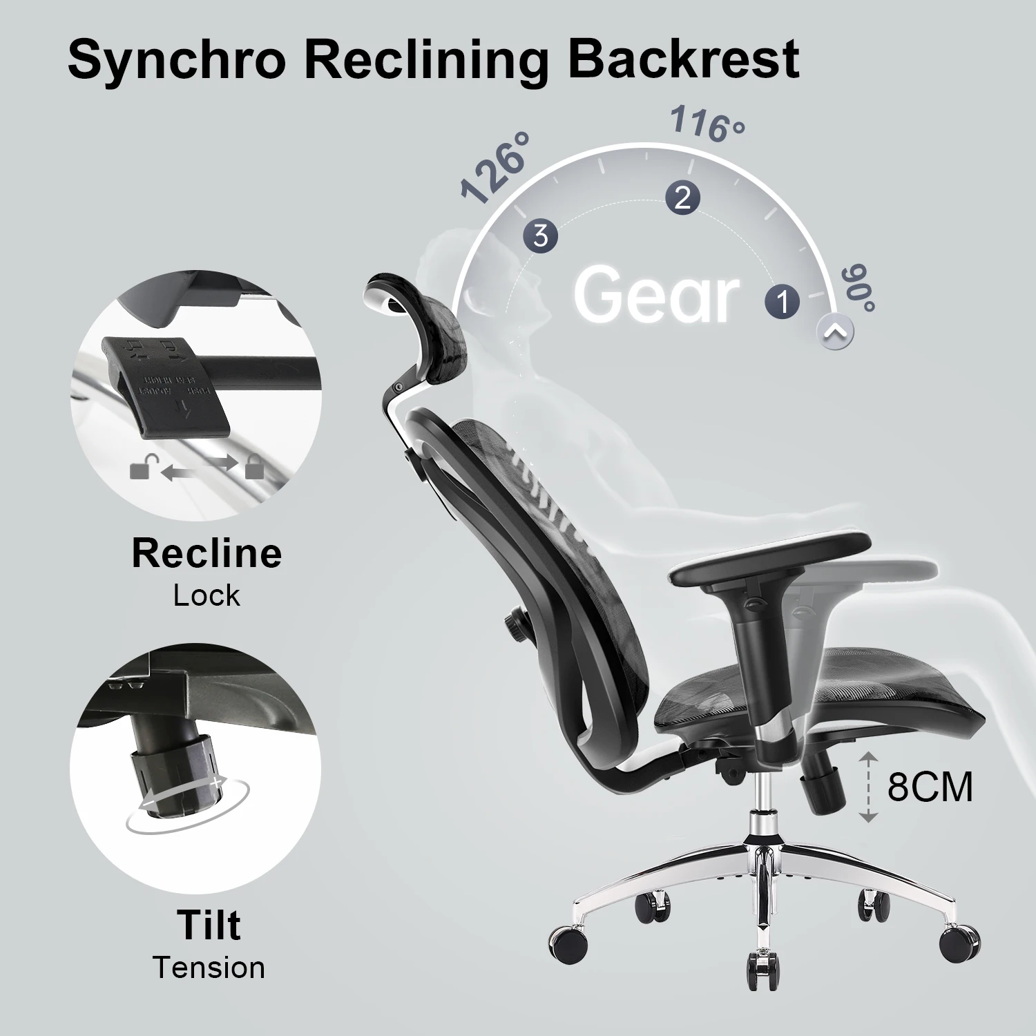 SIHOO M57 Ergonomic Office Chair with 3 Way Armrests Lumbar Support and Adjustable Headrest ，Gaming chair，Tilt Function 3