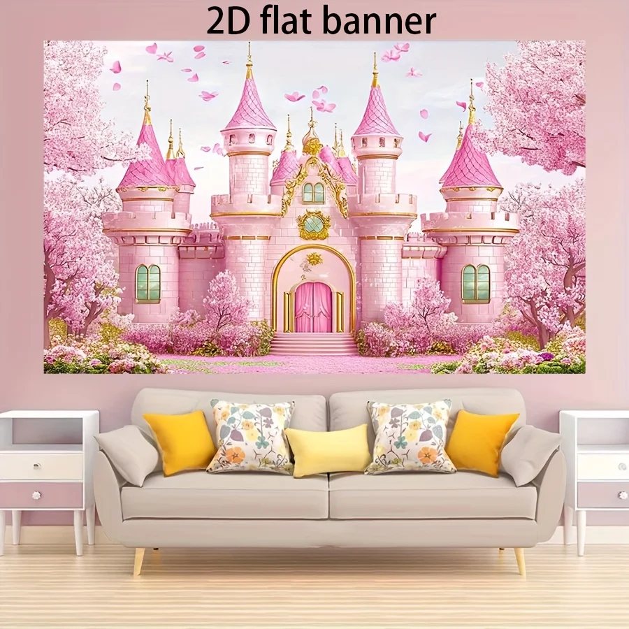 1 Stück, 2D flach, magischer rosa Prinzessinnenschloss-Fotohintergrund – mythische Kirschblüten-Partydekoration, Heimdekoration – Detail 1