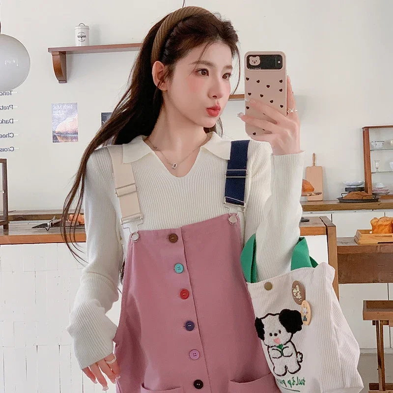 Korean Style Maternity Clothes Set Long Sleeve Knitting Pullovers Pink Overalls Twinset Pregnant Woman Cotton Jumpsuits Suits