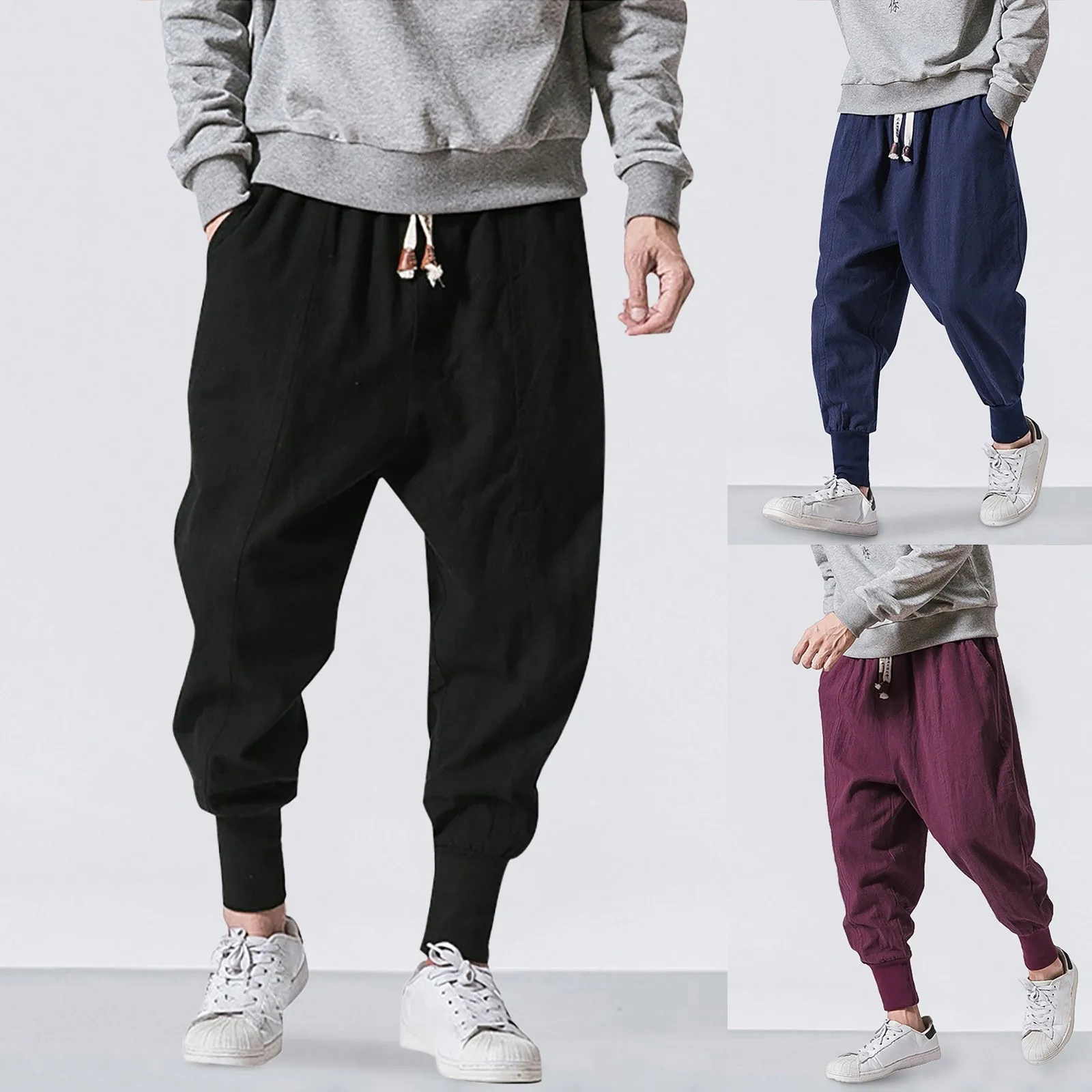 

New Baggy Drop-crotch Pants Casual Trousers Men Cotton Linen Harem Pants Men Solid Elastic Waist Streetwear Joggers