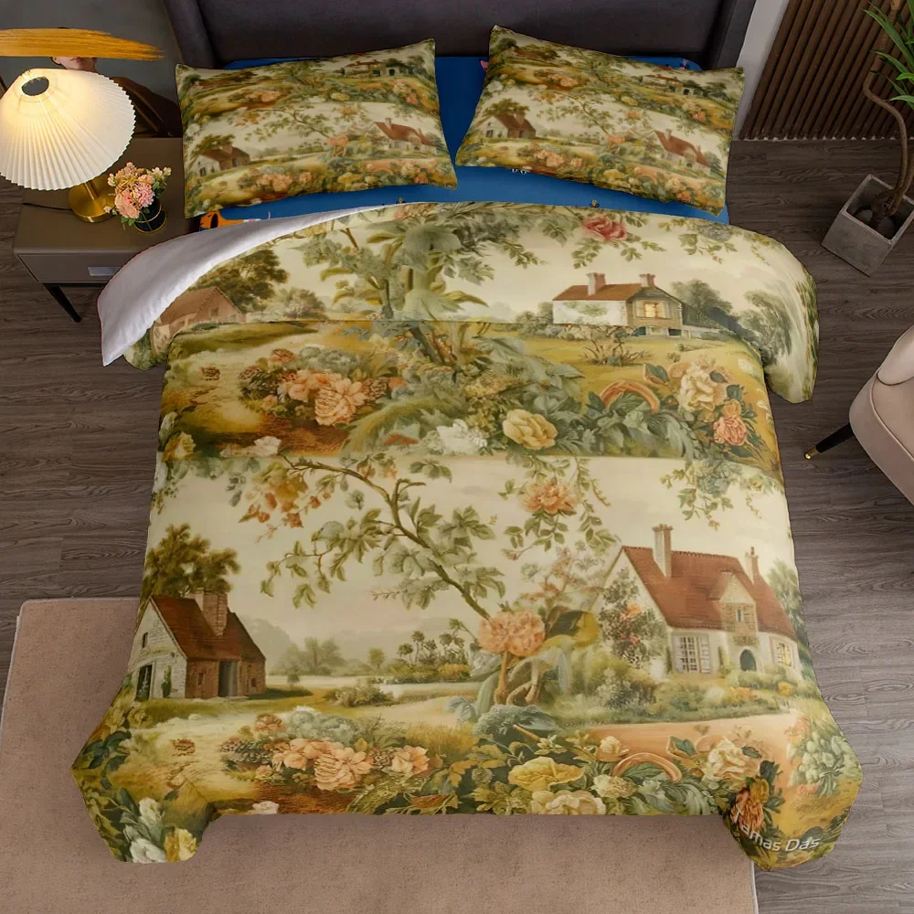 French Rural Toile de Jouy Art Duvet Cover Set UK Single Double Queen US Twin Full King Size Among Bed Linen Set