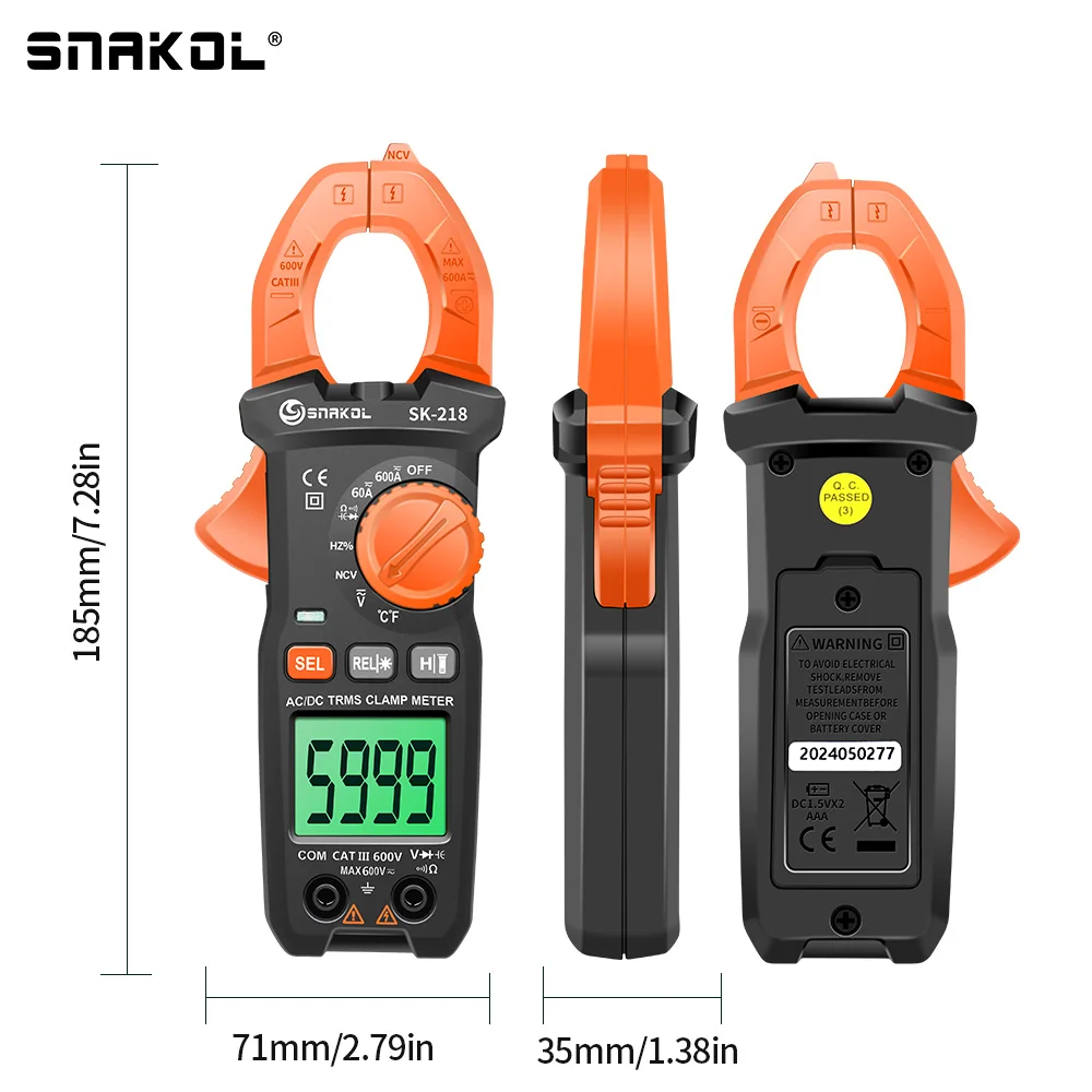 SK218 Digital Clamp Meter 600A AC DC Current True RMS Auto Ran Pliers Ammeter Voltage Voltmeter Professional Electrical Tester Digital Multimeter