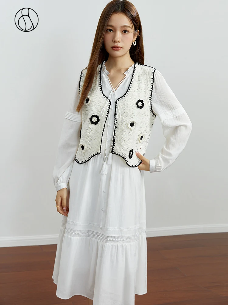 DUSHU Retro Handmade Crochet Vest Autumn Outfit 2023 New Versatile Vest White Loose Casual Womem White Vest For Women