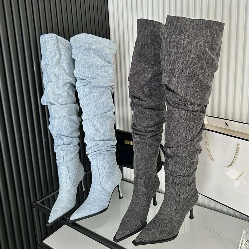 Ladies Over The Knee Modern Long Boots For High Heels Footwear Pointed Toe Denim Women Pumps 2023 Autumn Winter Female Shoes