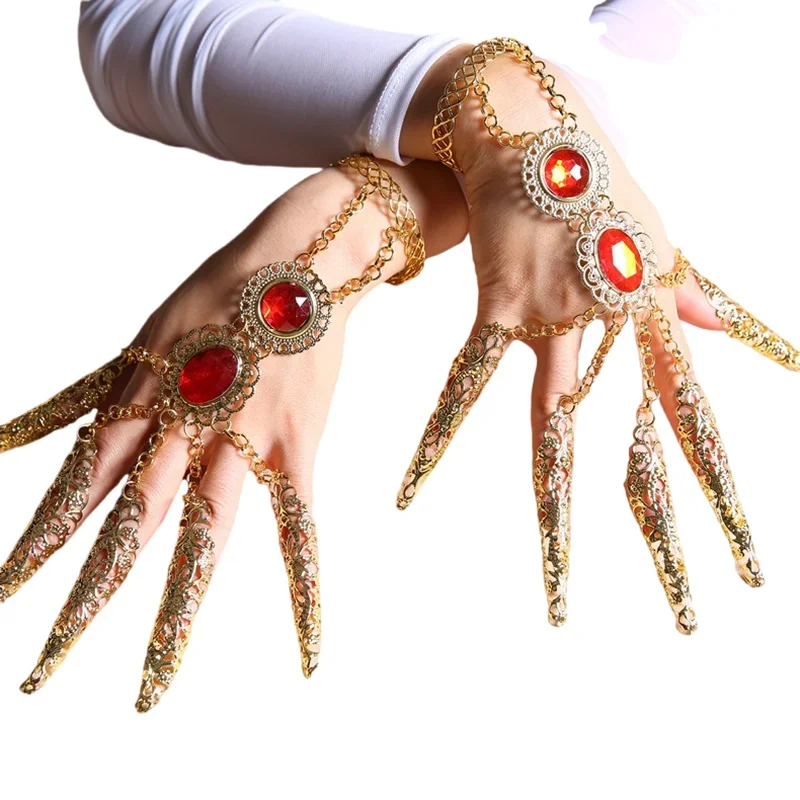 

Belly Dance Jewelry Gypsy Egyptian Gold Bracelet with Finger Nails Ring Costume Accessory Props For Womens Girls Free Shipping