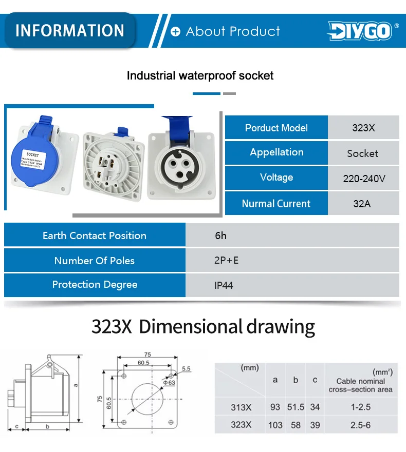 32A Hohe Qualität IP44 3P Wasserdichte Industriestecker & Buchse Männlich Weiblich 2P + E Draht Kabel Außenanschluss 220V-240V Anschlussdose – Detail 3