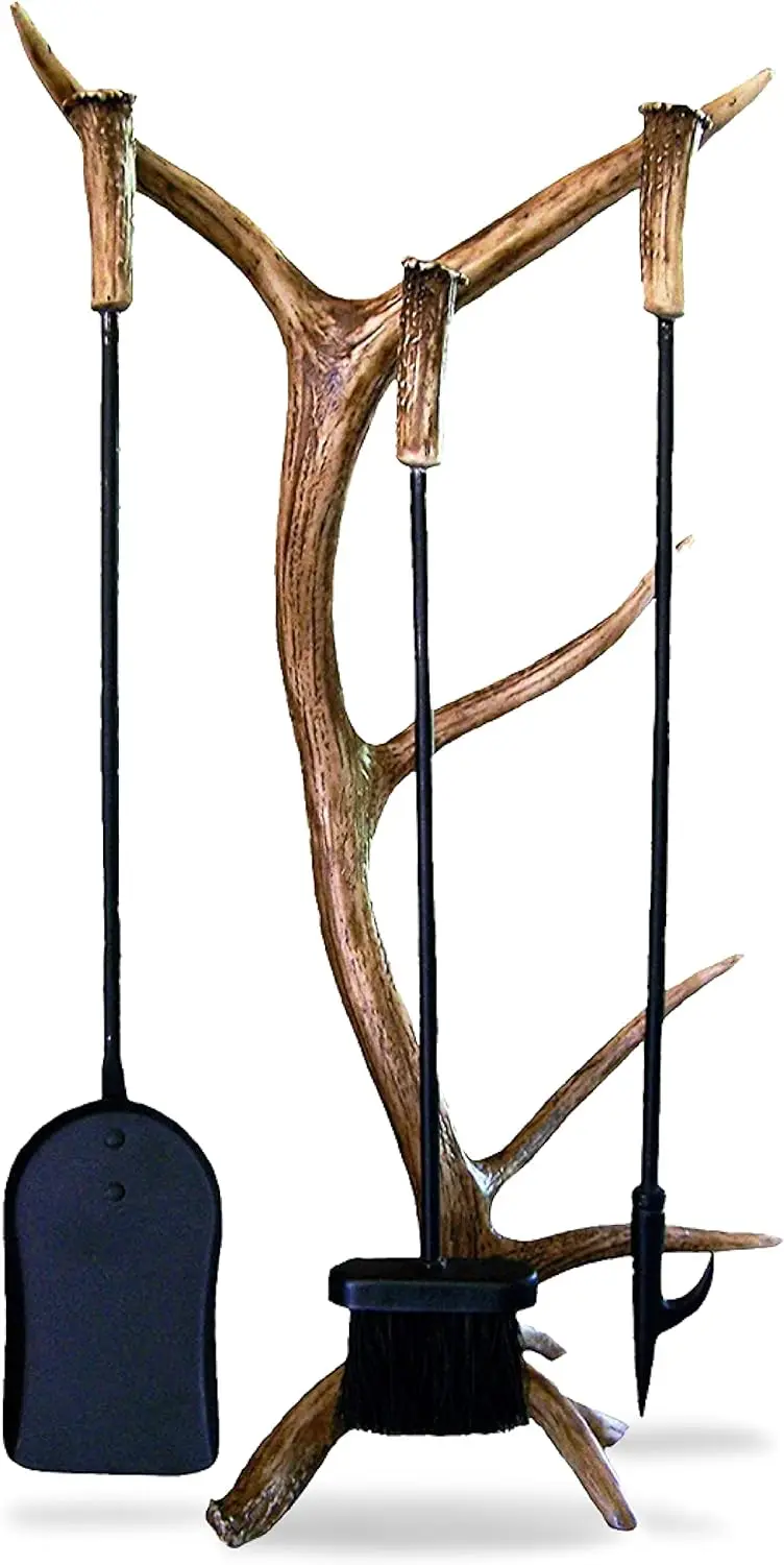 

Mikes - Antler Fireplace Tool Set - Decor Inspired by The Great Outdoors - Durable Replicated Deer and Elk Antlers - Includes Sh