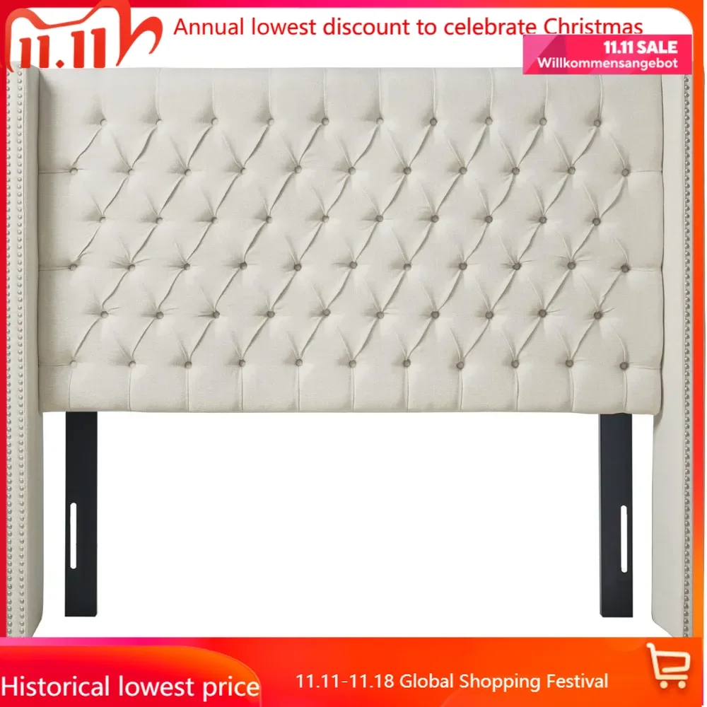 Amelia Upholstered Headboard Nail Head Trim Wingback Button Tufted King, Cream headboards cabecero cama 135 headboard