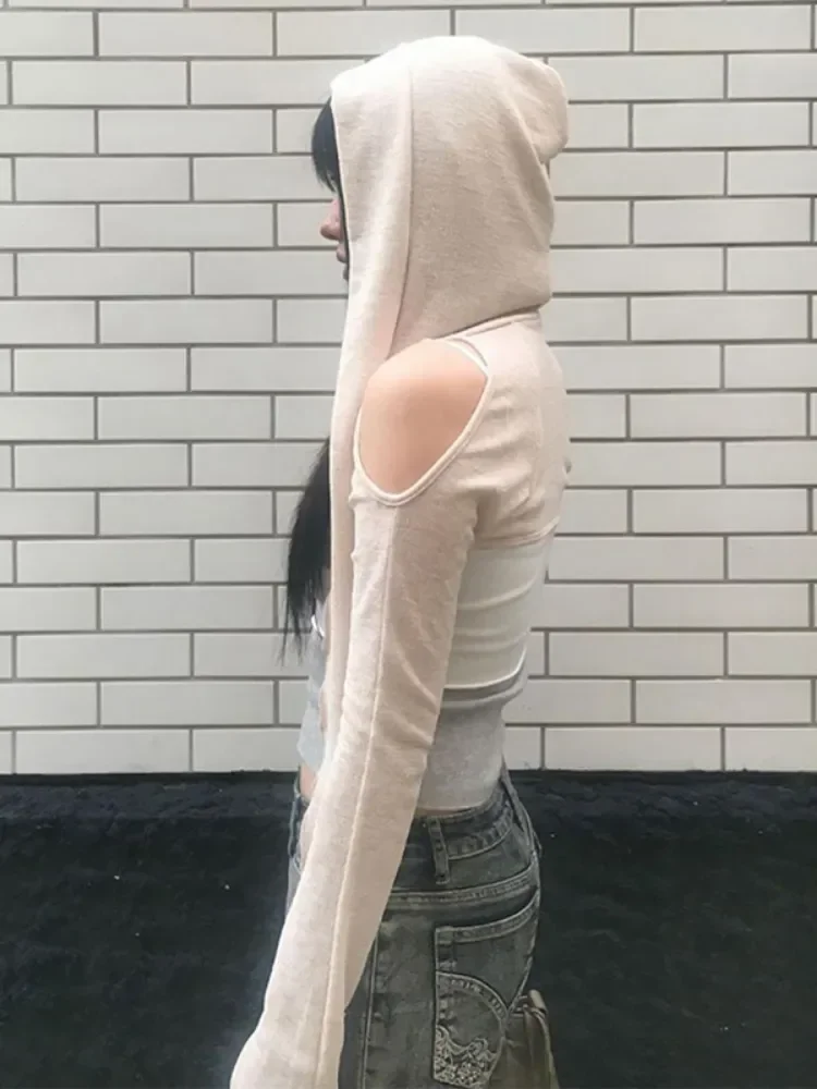 

Женская футболка с длинным рукавом, с капюшоном и открытыми плечами