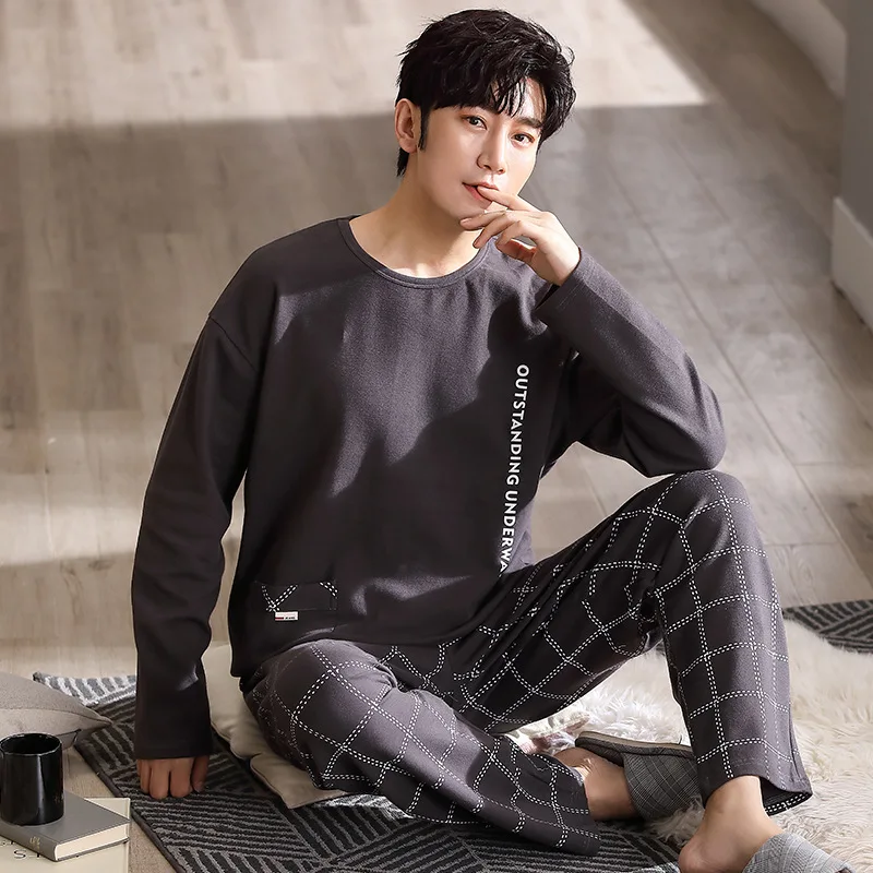 

Spring Autumn New Cotton Long Sleeve Sleepwear for Man Big Size Pullover Homewear L-4XL Man Pajama Set Minimalist Boy Loungewear