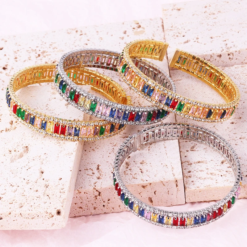 Hoge Kwaliteit 18K Vergulde Geometrische Zirkoon Armband & Bangles Voor Vrouwen Regenboog Kristal Manchet Armbanden Bruiloften Feest Sieraden