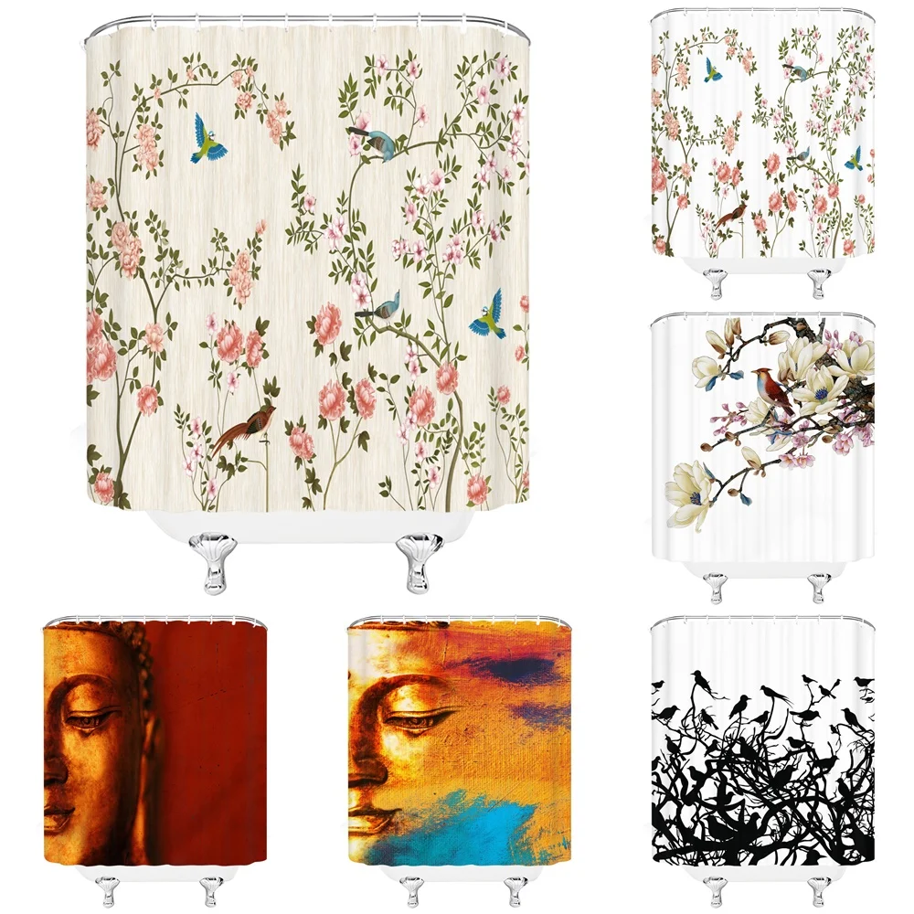 

Chinese Style Flower Bird Shower Curtains Buddha Rustic Floral Waterproof Bathroom Curtain Fabric Home Decor Bathtub Screen Baño